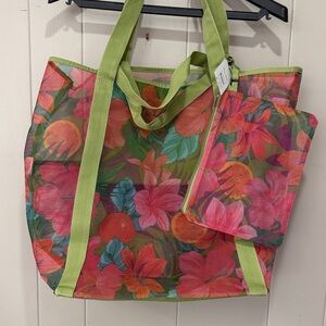 Floral mesh Tote Bag with Pouch